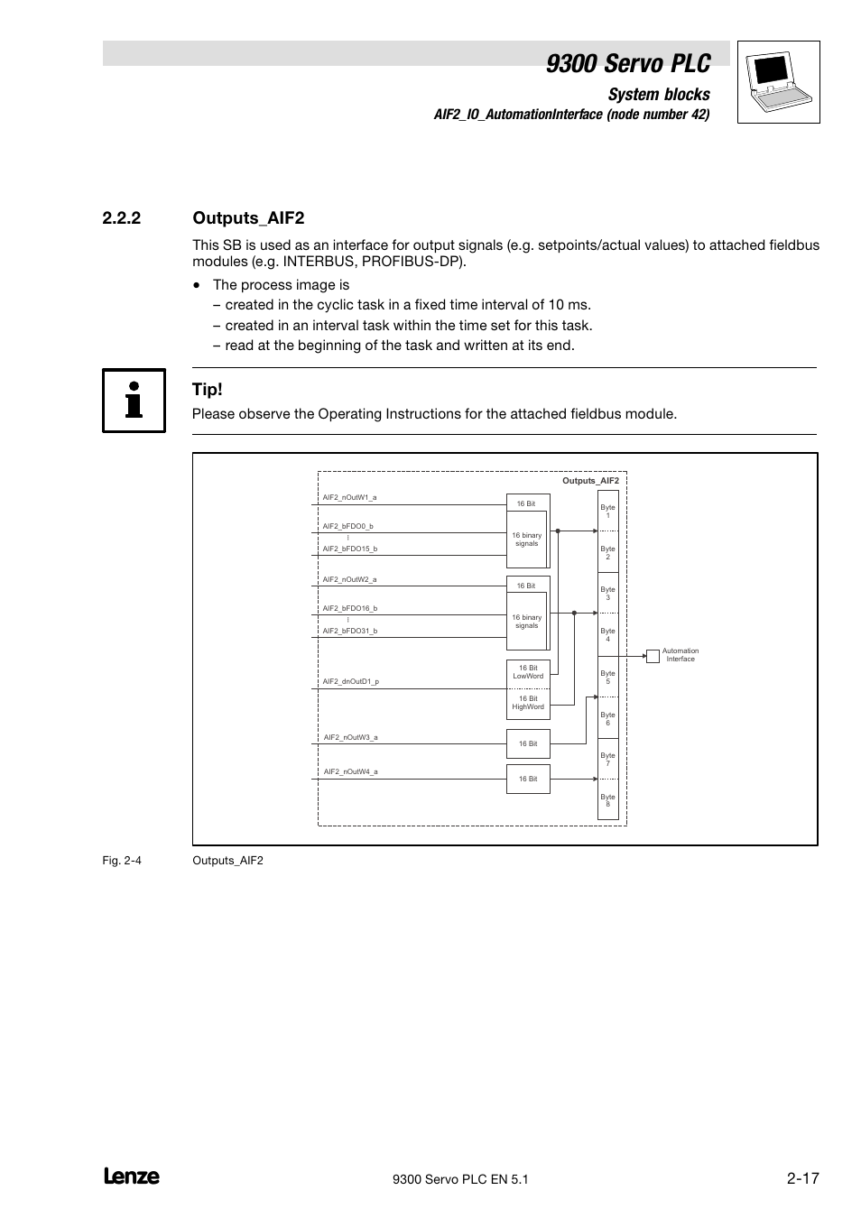 Outputs_aif2, 9300 servo plc, System blocks | 2 outputs_aif2, 2 aif2_io_automationinterface (node number 42) | Lenze DDS Target 9300 Servo PLC V8.x User Manual | Page 23 / 169