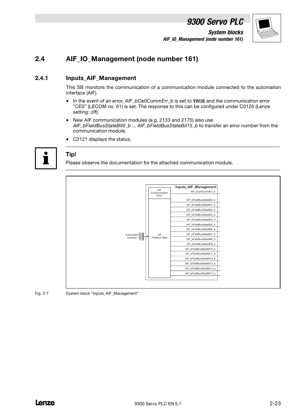 Aif_io_management (node number 161), Inputs_aif_management, 9300 servo plc | 4 aif_io_management (node number 161), System blocks, 1 inputs_aif_management | Lenze DDS Target 9300 Servo PLC V8.x User Manual | Page 29 / 169