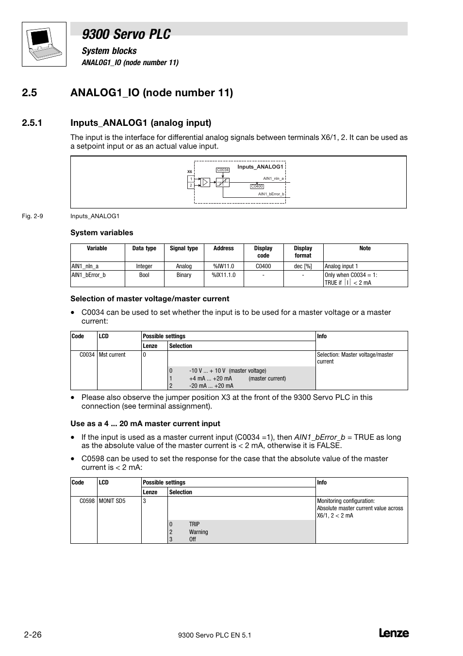 Analog1_io (node number 11), Inputs_analog1 (analog input), 9300 servo plc | 5 analog1_io (node number 11), System blocks, 1 inputs_analog1 (analog input) | Lenze DDS Target 9300 Servo PLC V8.x User Manual | Page 32 / 169