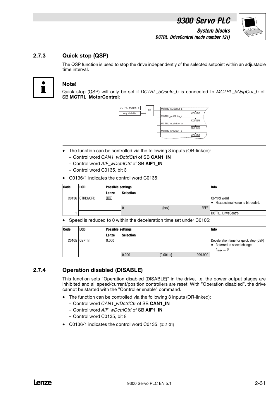 Quick stop (qsp), Operation disabled (disable), 9300 servo plc | System blocks, 3 quick stop (qsp), 4 operation disabled (disable) | Lenze DDS Target 9300 Servo PLC V8.x User Manual | Page 37 / 169