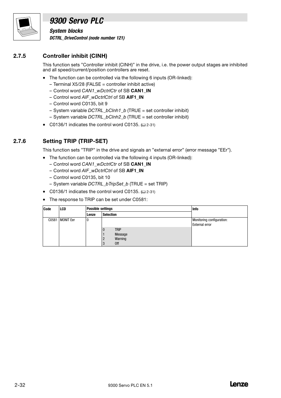 Controller inhibit (cinh), Setting trip (trip-set), Setting trip (trip−set) | 9300 servo plc, System blocks, 5 controller inhibit (cinh), 6 setting trip (trip−set) | Lenze DDS Target 9300 Servo PLC V8.x User Manual | Page 38 / 169