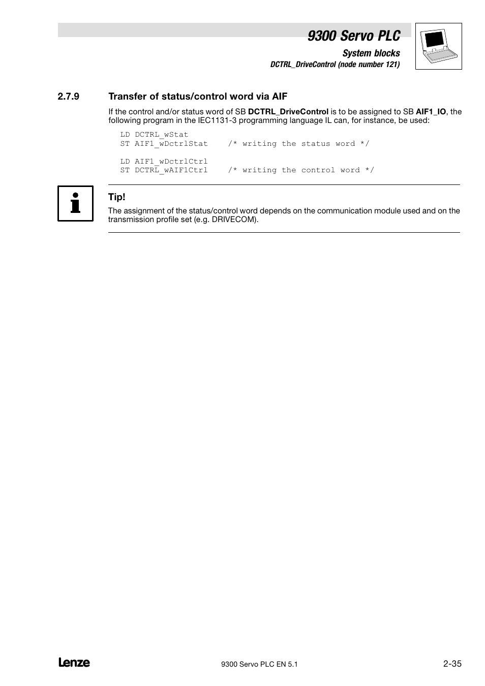 Transfer of status/control word via aif, 9300 servo plc | Lenze DDS Target 9300 Servo PLC V8.x User Manual | Page 41 / 169