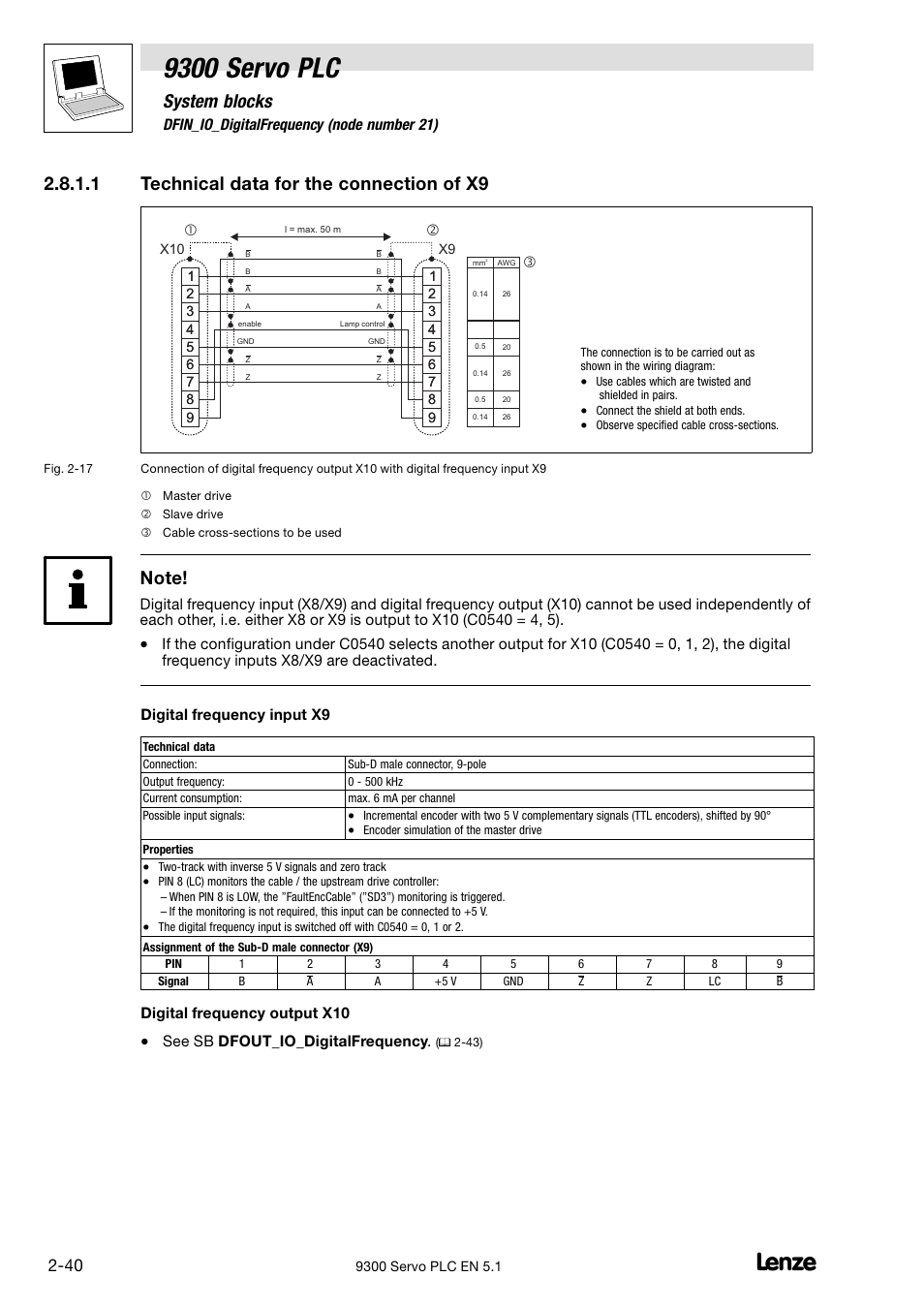 9300 servo plc, System blocks, 1 technical data for the connection of x9 | 8 dfin_io_digitalfrequency (node number 21), Digital frequency output x10, See sb dfout_io_digitalfrequency | Lenze DDS Target 9300 Servo PLC V8.x User Manual | Page 46 / 169