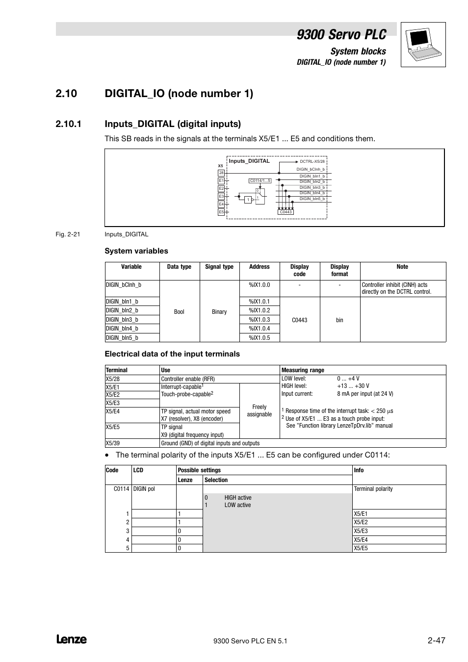 Digital_io (node number 1), Inputs_digital (digital inputs), 10 digital_io (node number 1) | 9300 servo plc, System blocks, 1 inputs_digital (digital inputs), System variables, Electrical data of the input terminals | Lenze DDS Target 9300 Servo PLC V8.x User Manual | Page 53 / 169