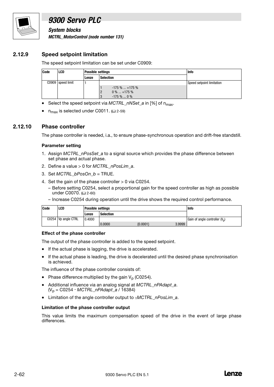 Speed setpoint limitation, Phase controller, 10 phase controller | 9300 servo plc, System blocks, 9 speed setpoint limitation | Lenze DDS Target 9300 Servo PLC V8.x User Manual | Page 68 / 169