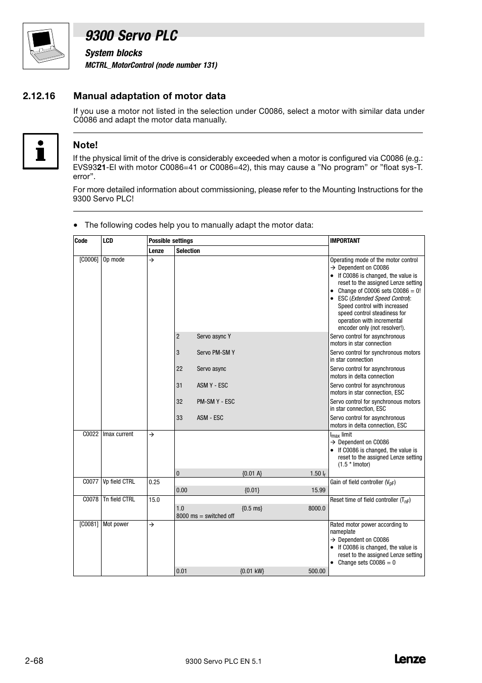 Manual adaptation of motor data, 16 manual adaptation of motor data, 9300 servo plc | System blocks | Lenze DDS Target 9300 Servo PLC V8.x User Manual | Page 74 / 169
