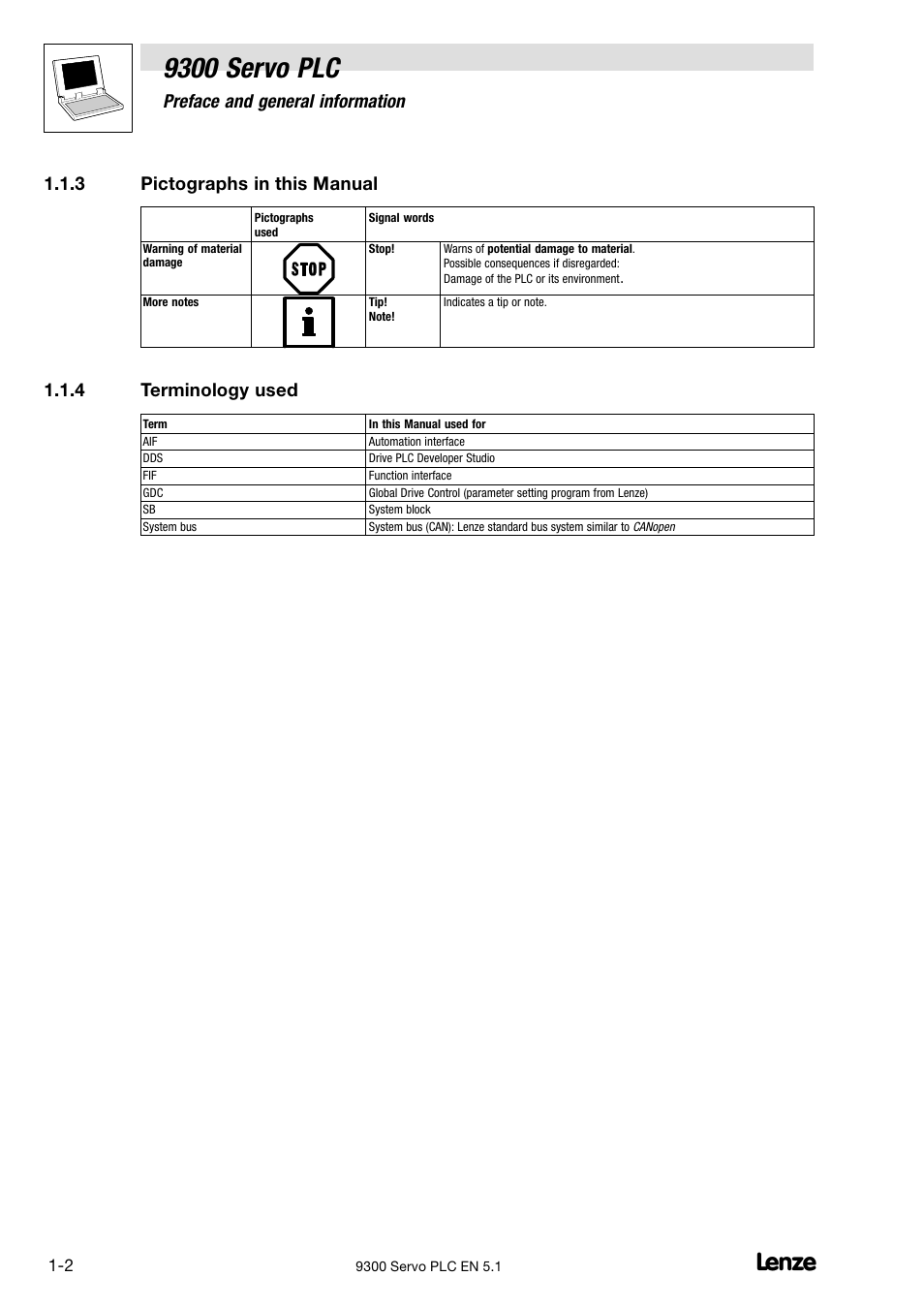 Pictographs in this manual, Terminology used, 9300 servo plc | Preface and general information, 3 pictographs in this manual, 4 terminology used | Lenze DDS Target 9300 Servo PLC V8.x User Manual | Page 8 / 169