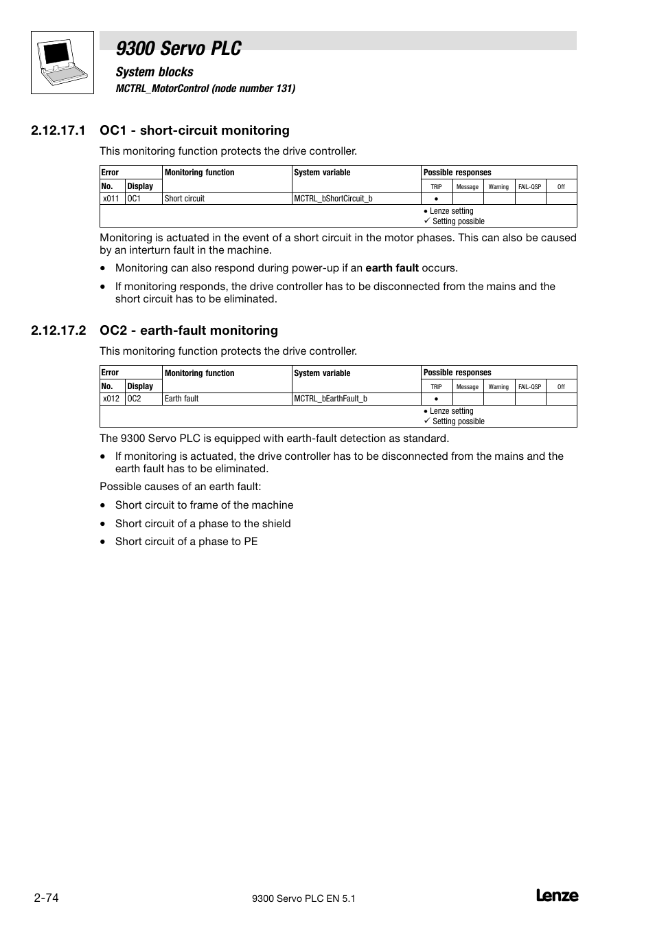 9300 servo plc, System blocks, 1 oc1 − short−circuit monitoring | 2 oc2 − earth−fault monitoring | Lenze DDS Target 9300 Servo PLC V8.x User Manual | Page 80 / 169