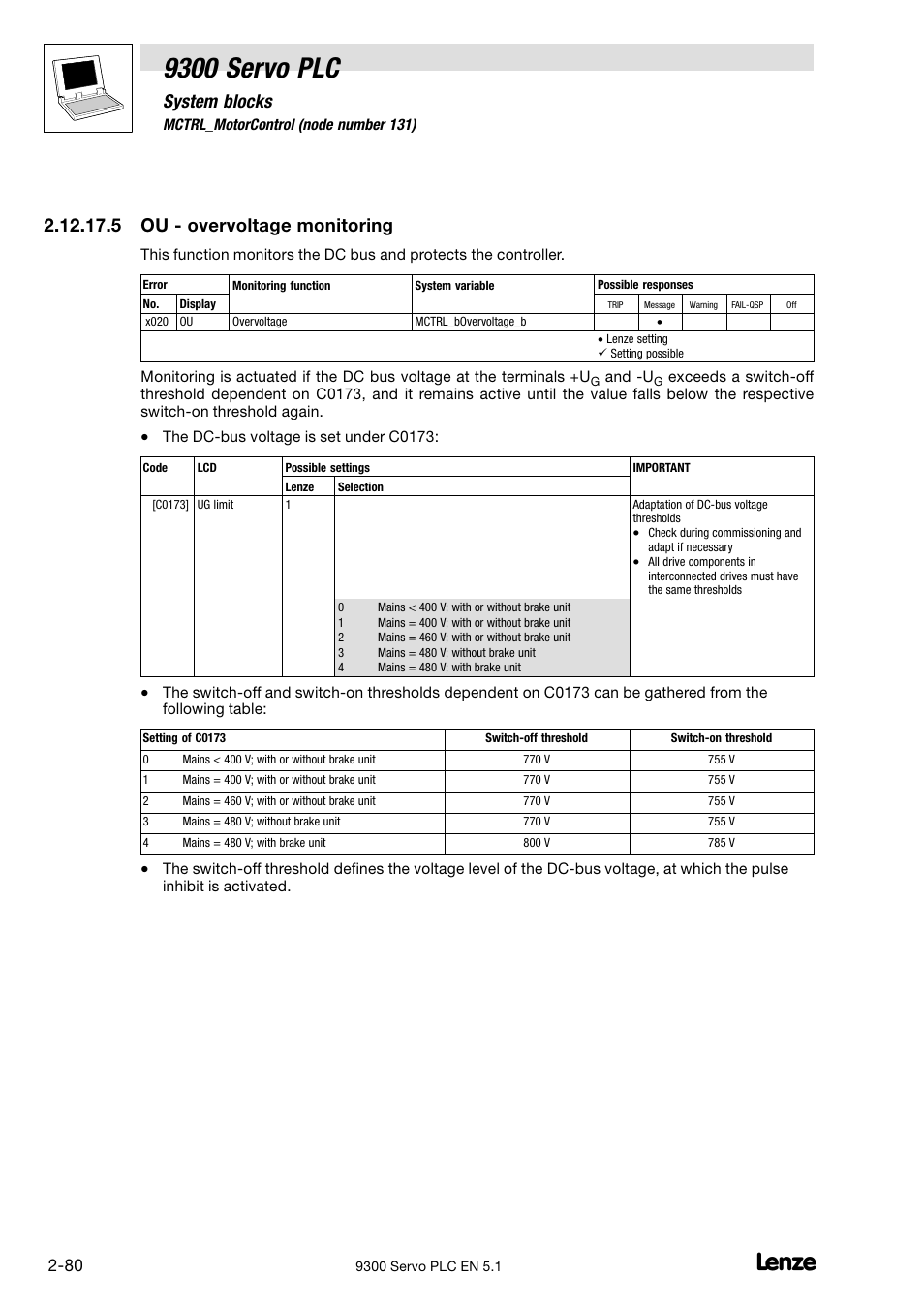 9300 servo plc, System blocks, 5 ou − overvoltage monitoring | Lenze DDS Target 9300 Servo PLC V8.x User Manual | Page 86 / 169