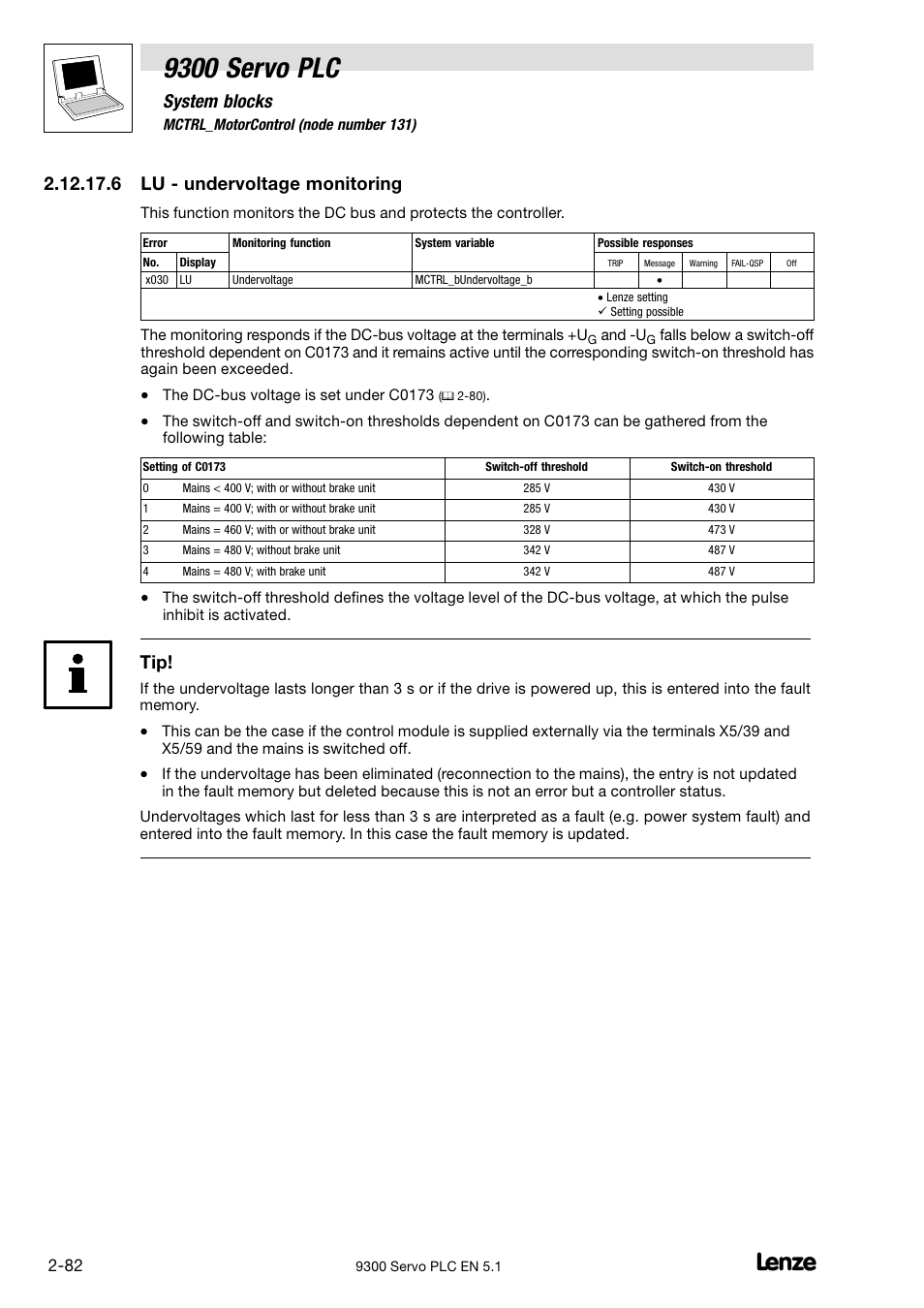 9300 servo plc, System blocks, 6 lu − undervoltage monitoring | Lenze DDS Target 9300 Servo PLC V8.x User Manual | Page 88 / 169