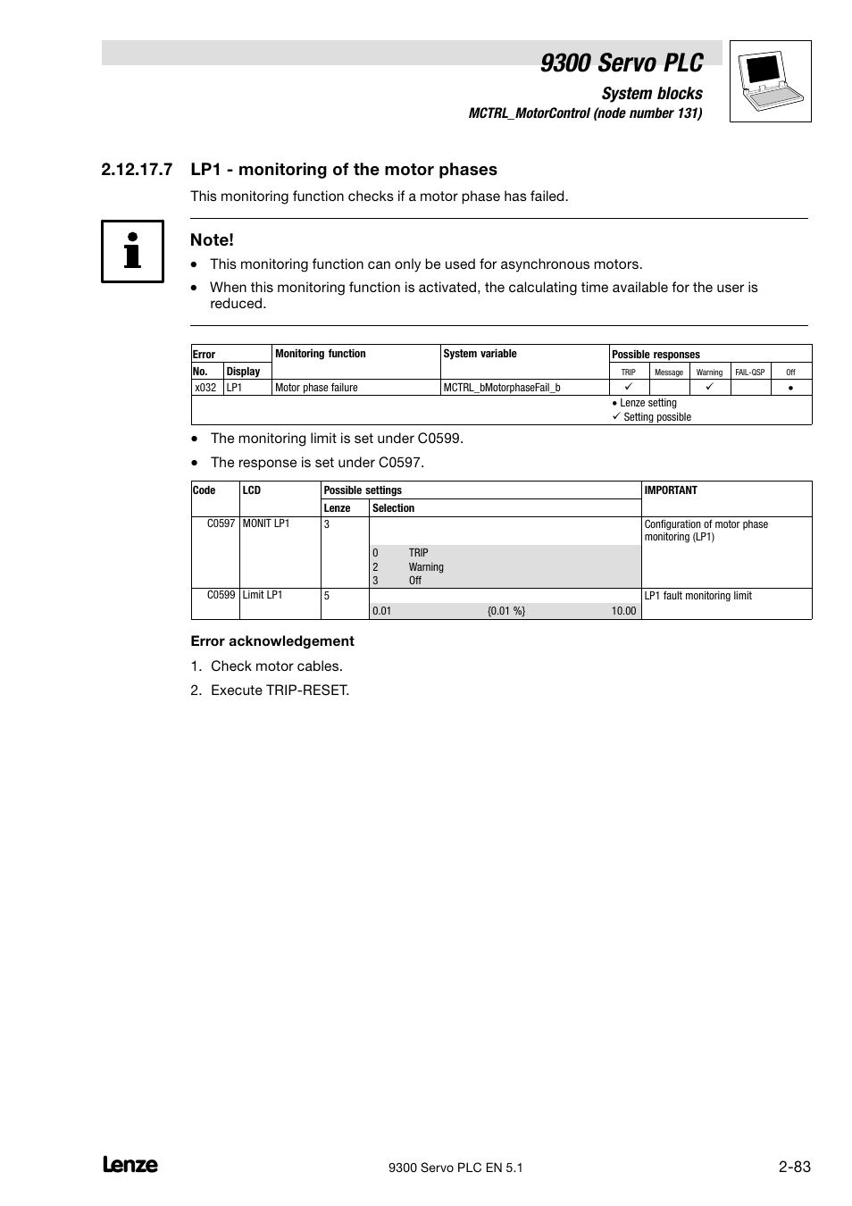 Lp1 − monitoring of the motor phases, 9300 servo plc, System blocks | 7 lp1 − monitoring of the motor phases | Lenze DDS Target 9300 Servo PLC V8.x User Manual | Page 89 / 169
