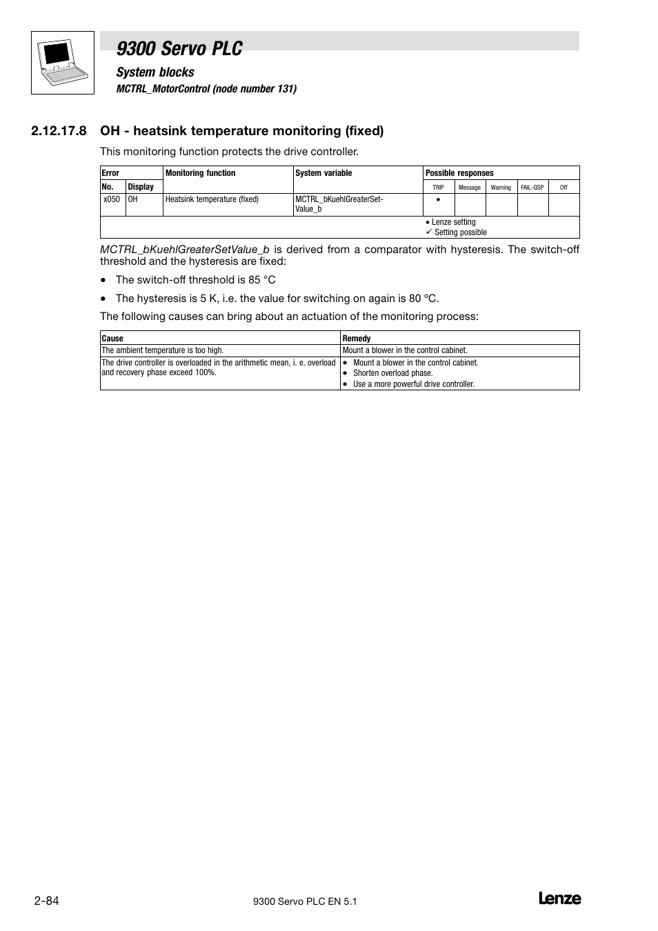 9300 servo plc, System blocks, 8 oh − heatsink temperature monitoring (fixed) | Lenze DDS Target 9300 Servo PLC V8.x User Manual | Page 90 / 169