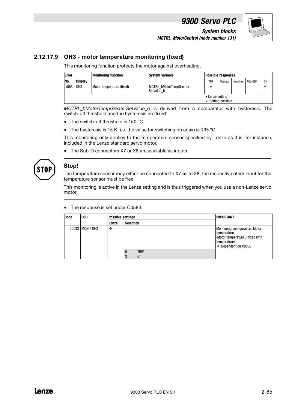 9300 servo plc, System blocks, 9 oh3 − motor temperature monitoring (fixed) | Stop | Lenze DDS Target 9300 Servo PLC V8.x User Manual | Page 91 / 169