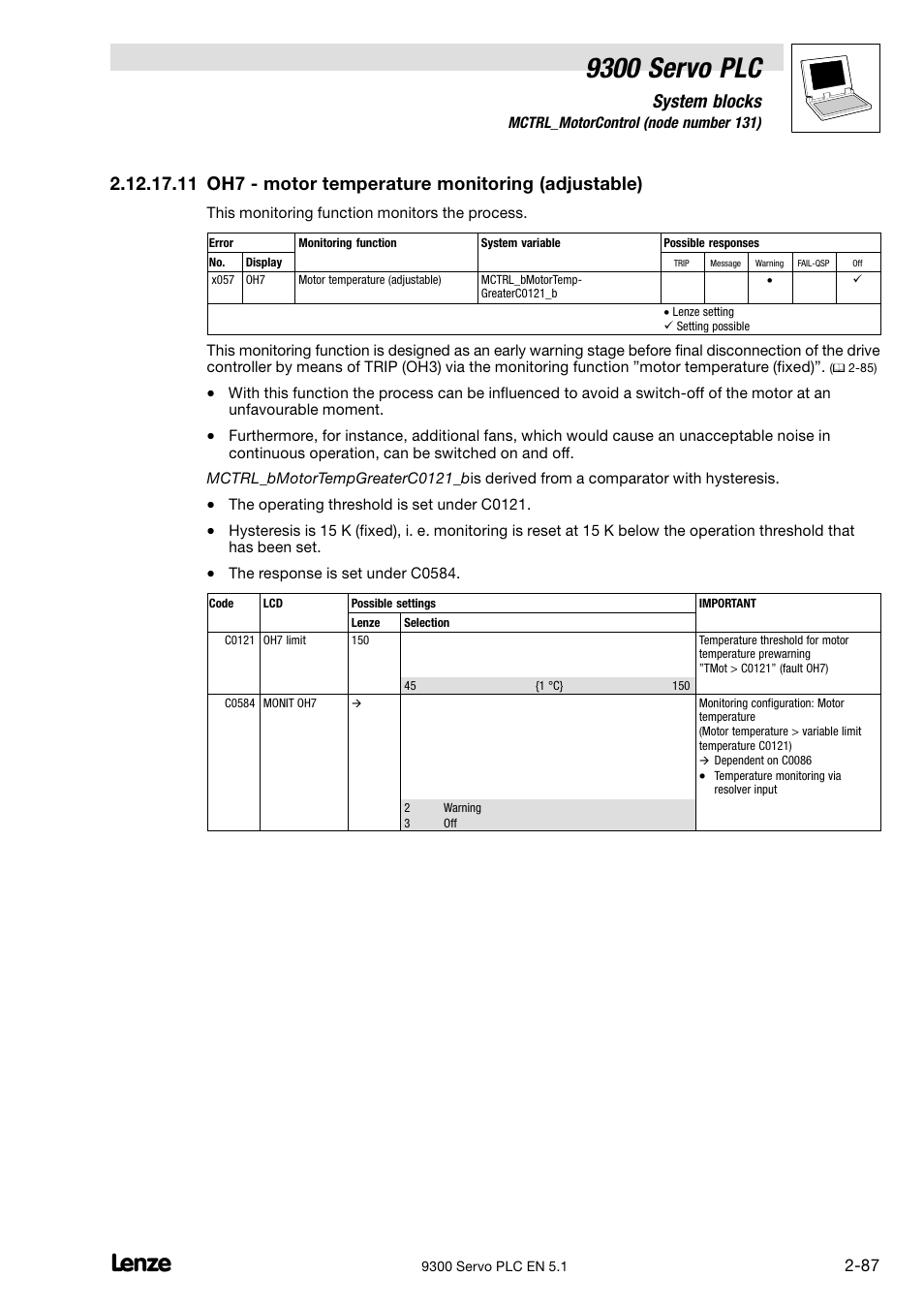 9300 servo plc, System blocks, 11 oh7 − motor temperature monitoring (adjustable) | Lenze DDS Target 9300 Servo PLC V8.x User Manual | Page 93 / 169