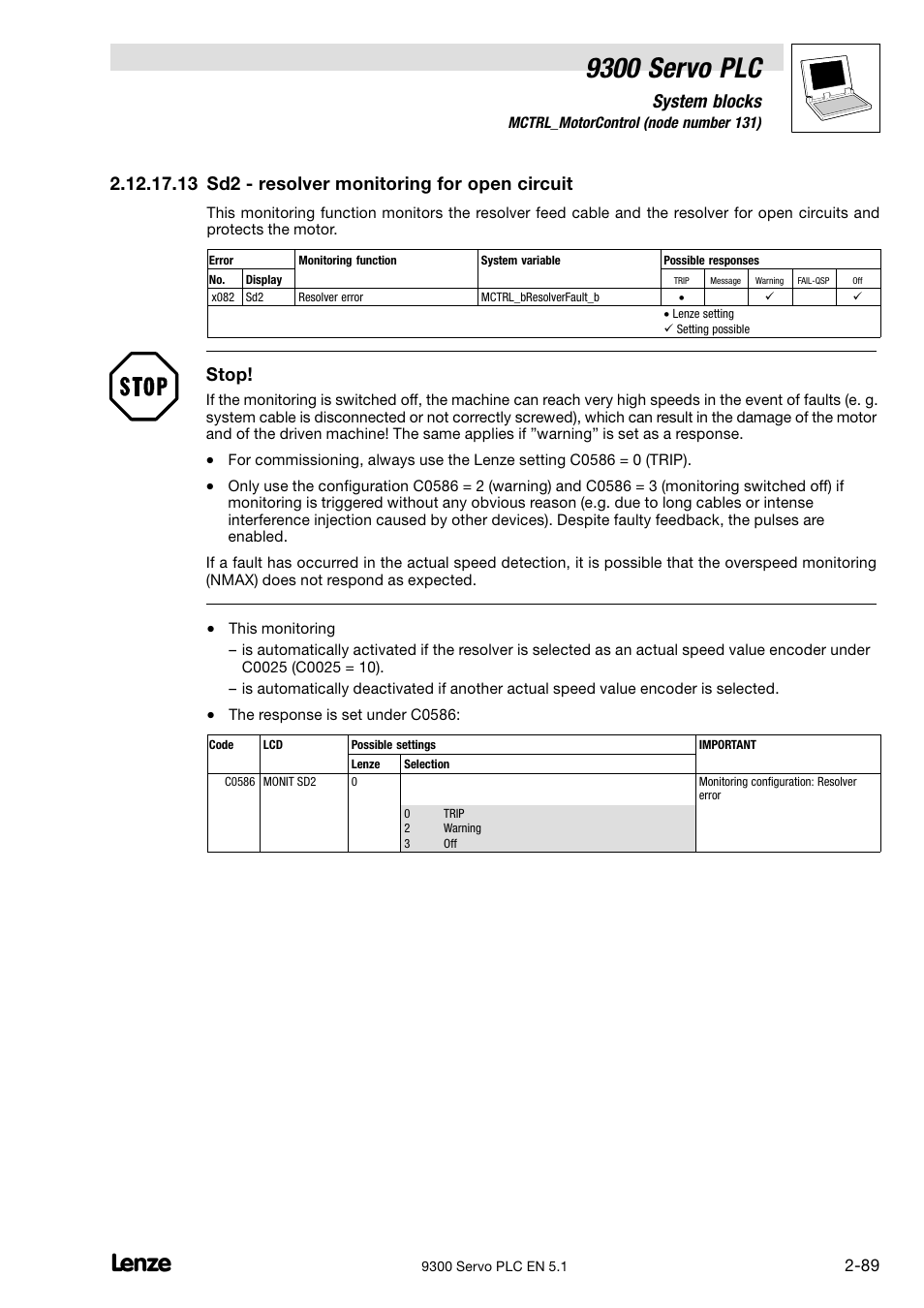 9300 servo plc, System blocks, 13 sd2 − resolver monitoring for open circuit | Stop | Lenze DDS Target 9300 Servo PLC V8.x User Manual | Page 95 / 169