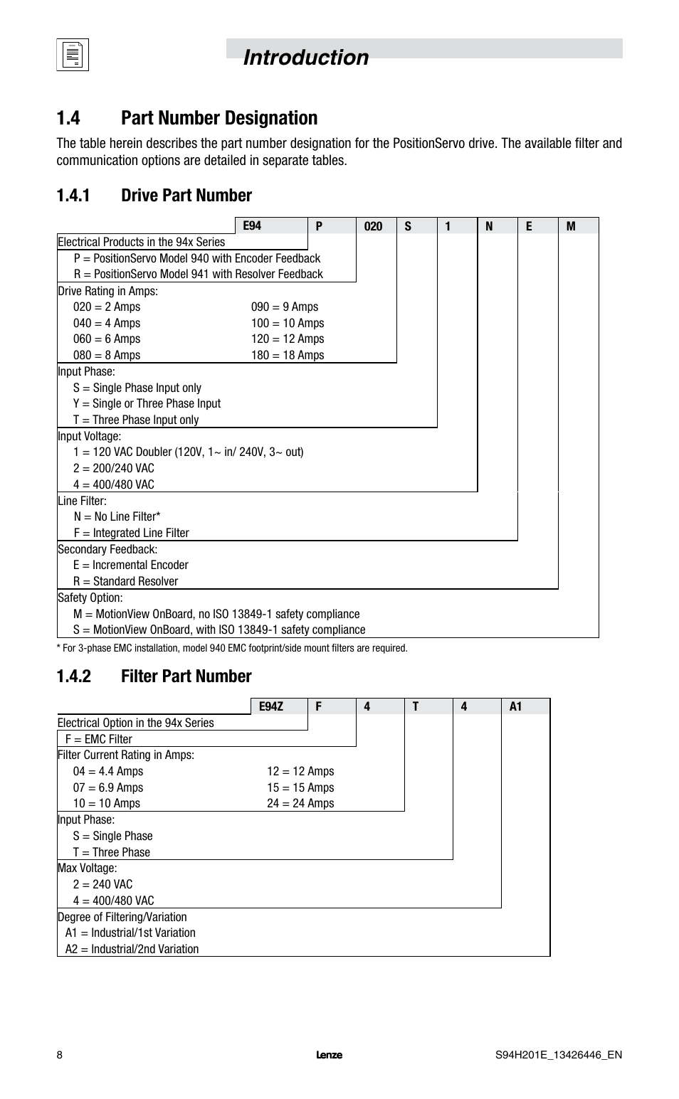 Introduction, 4 part number designation, 1 drive part number | 2 filter part number | Lenze E94P PositionServo with MVOB User Manual | Page 10 / 102