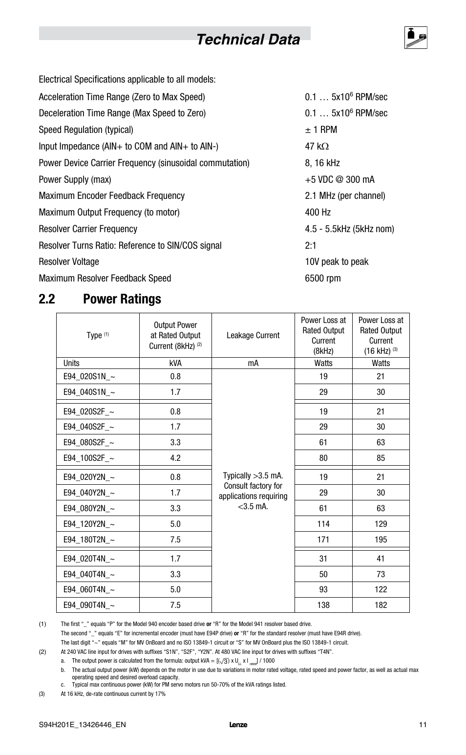 Technical data, 2 power ratings | Lenze E94P PositionServo with MVOB User Manual | Page 13 / 102