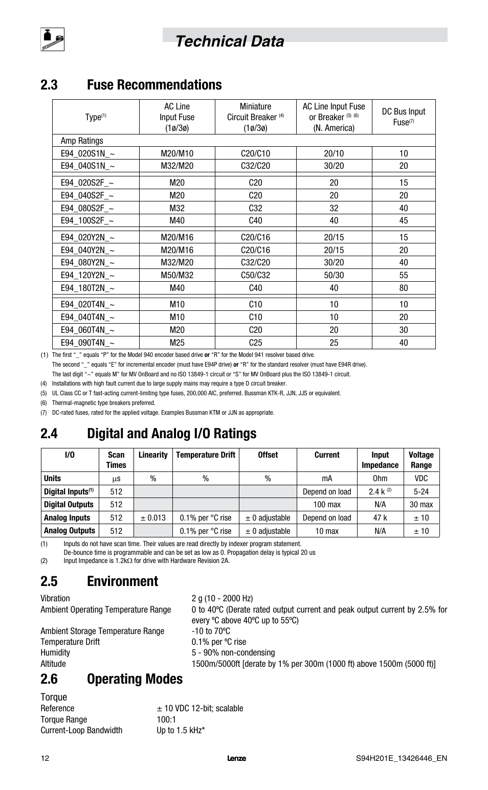 Technical data, 3 fuse recommendations, 4 digital and analog i/o ratings | 5 environment, 6 operating modes | Lenze E94P PositionServo with MVOB User Manual | Page 14 / 102