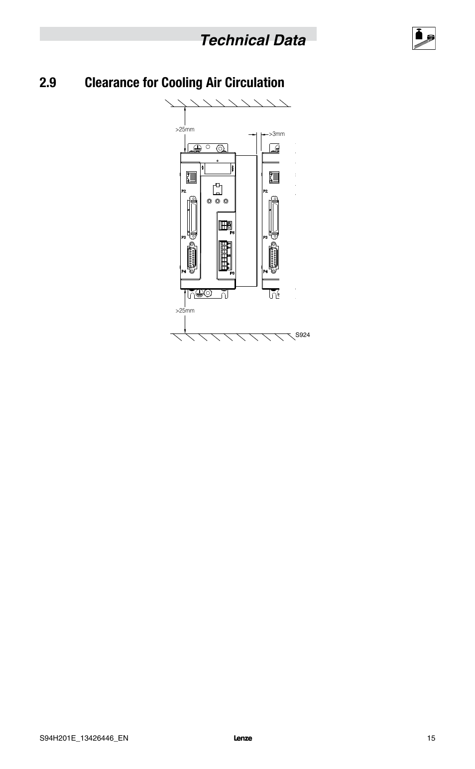 Technical data, 9 clearance for cooling air circulation | Lenze E94P PositionServo with MVOB User Manual | Page 17 / 102