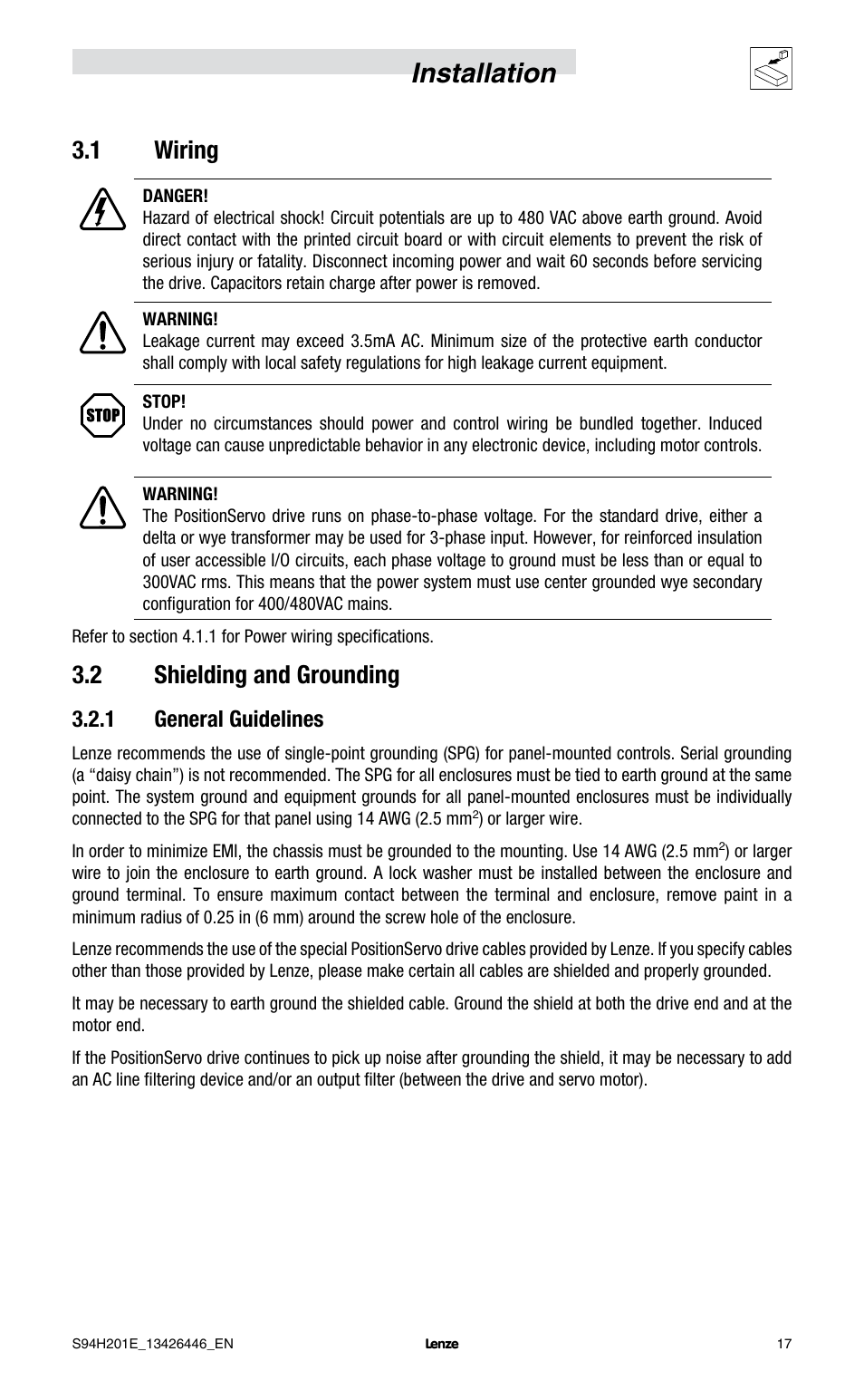 Installation, 1 wiring, 2 shielding and grounding | 1 general guidelines | Lenze E94P PositionServo with MVOB User Manual | Page 19 / 102