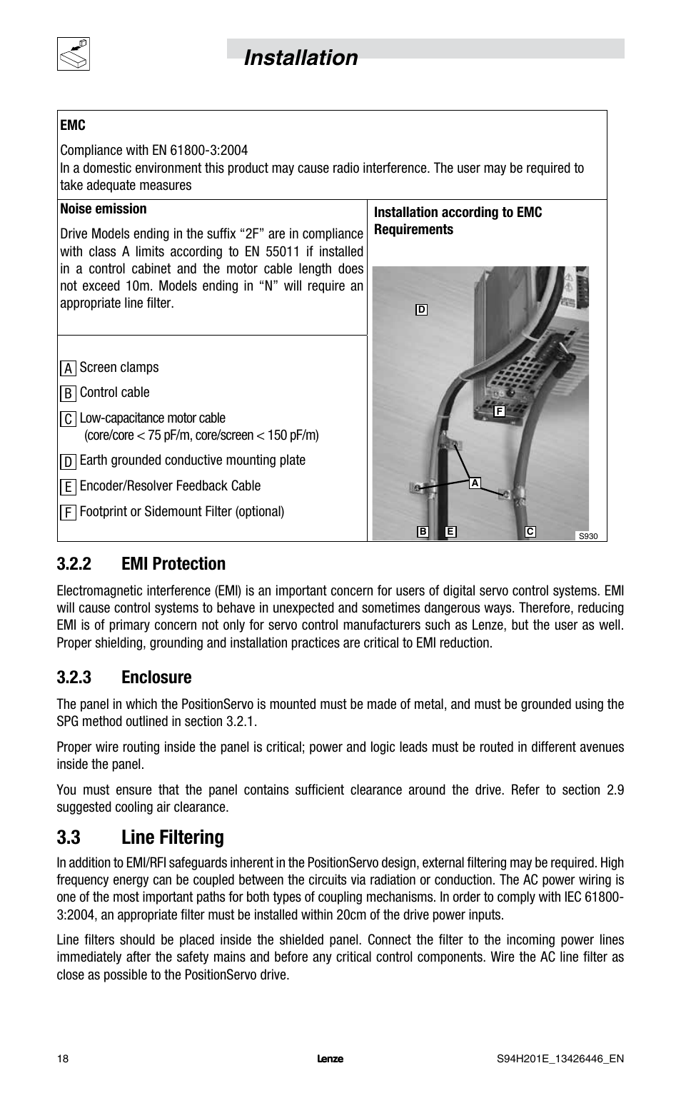 Installation, 3 line filtering, 2 emi protection | 3 enclosure | Lenze E94P PositionServo with MVOB User Manual | Page 20 / 102