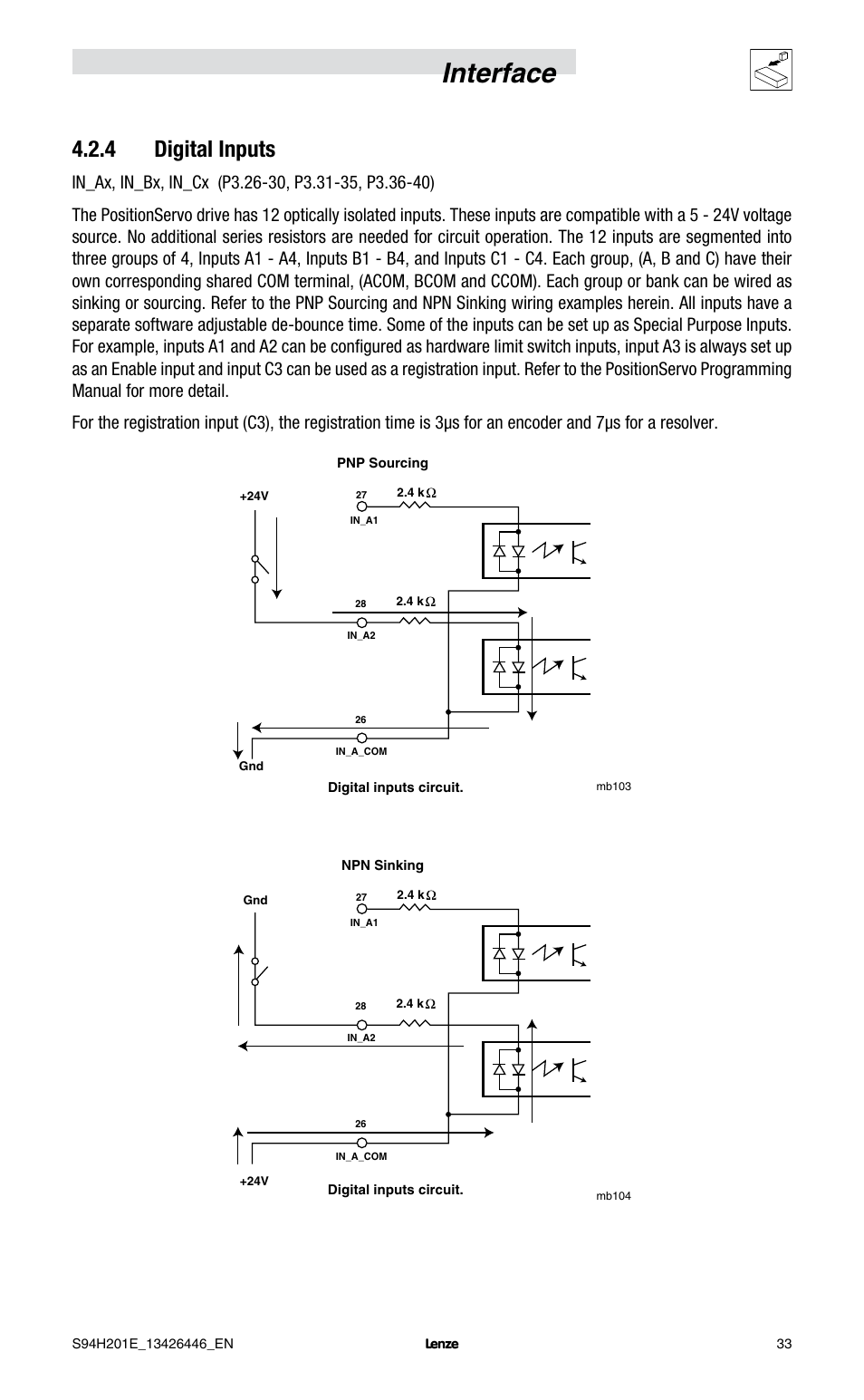 Interface, 4 digital inputs | Lenze E94P PositionServo with MVOB User Manual | Page 35 / 102