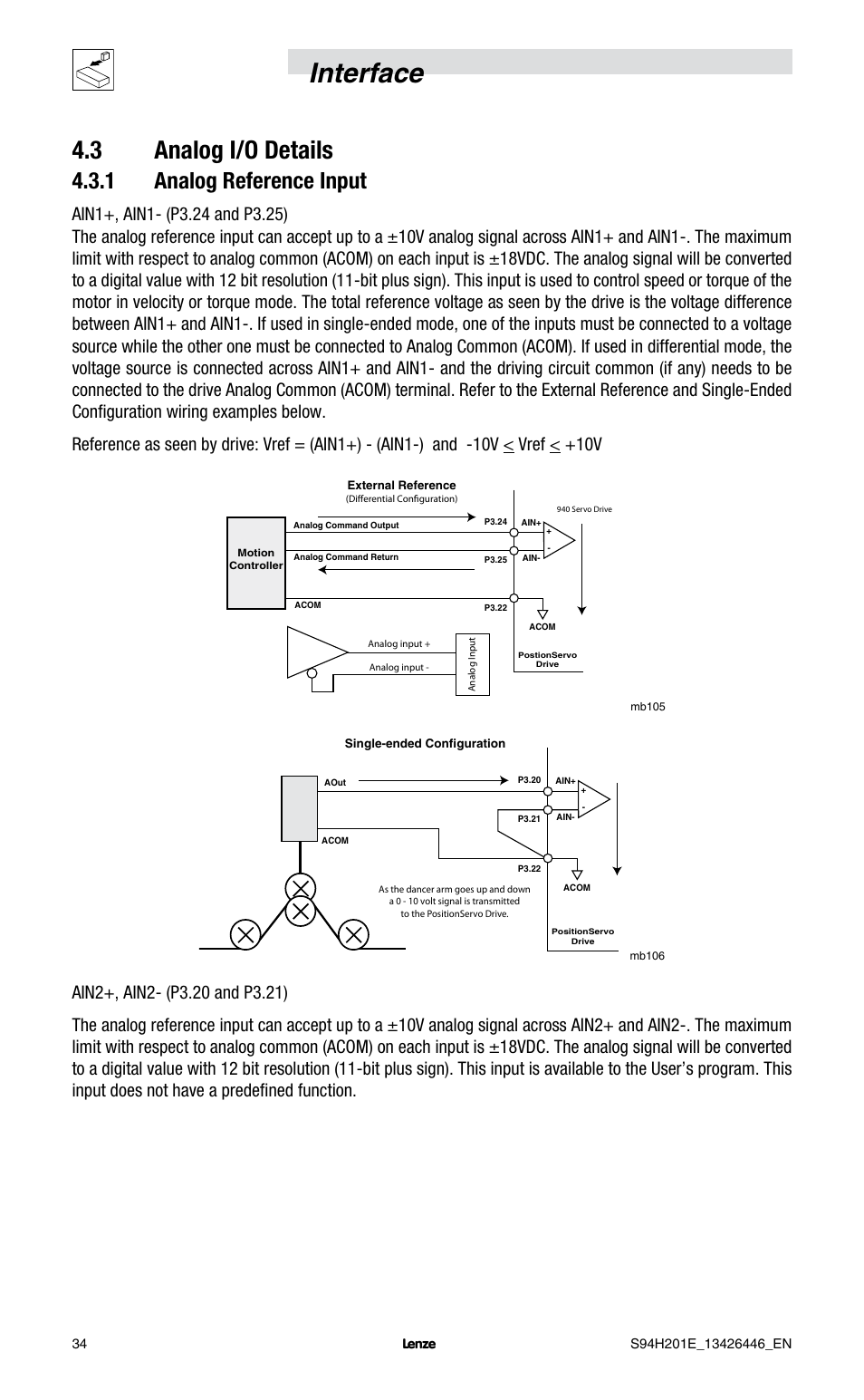 Interface, 3 analog i/o details, 1 analog reference input | Lenze E94P PositionServo with MVOB User Manual | Page 36 / 102