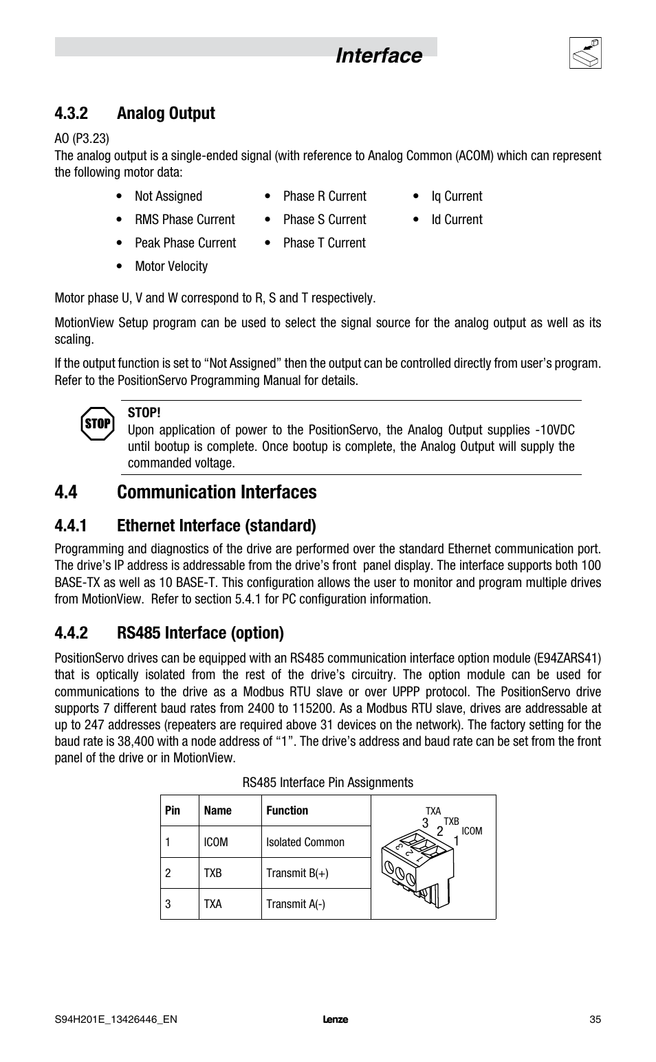 Interface, 4 communication interfaces, 2 analog output | 1 ethernet interface (standard), 2 rs485 interface (option) | Lenze E94P PositionServo with MVOB User Manual | Page 37 / 102