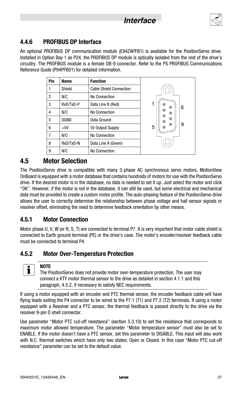 Interface, 5 motor selection, 6 profibus dp interface | 1 motor connection, 2 motor over-temperature protection | Lenze E94P PositionServo with MVOB User Manual | Page 39 / 102