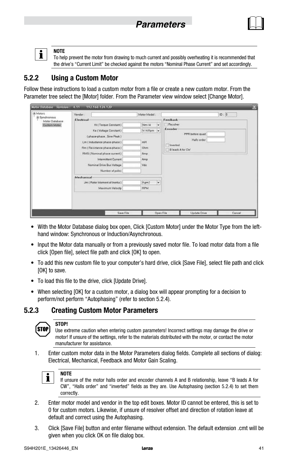 Parameters, 2 using a custom motor, 3 creating custom motor parameters | Lenze E94P PositionServo with MVOB User Manual | Page 43 / 102