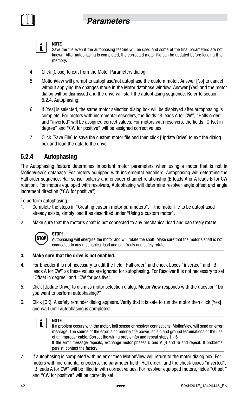 Parameters, 4 autophasing | Lenze E94P PositionServo with MVOB User Manual | Page 44 / 102