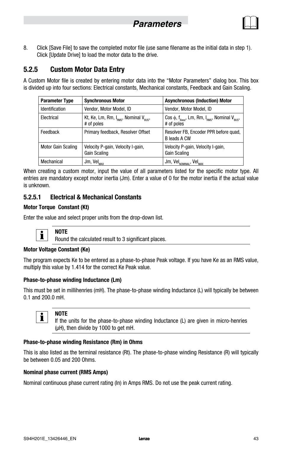 Parameters, 5 custom motor data entry, 1 electrical & mechanical constants | Lenze E94P PositionServo with MVOB User Manual | Page 45 / 102