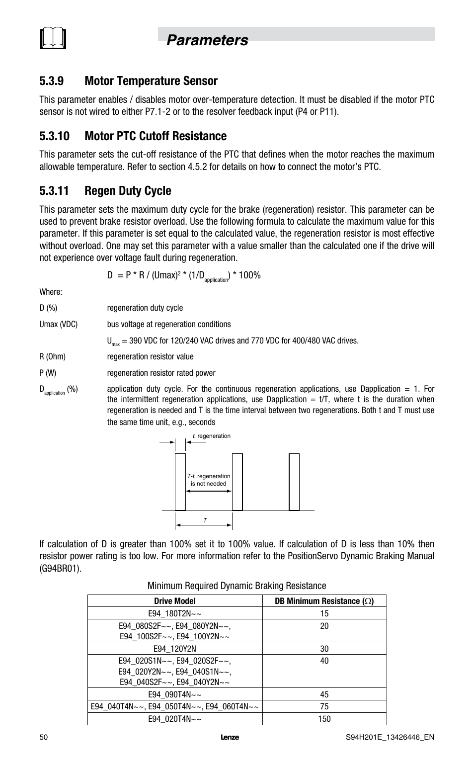 Parameters, 9 motor temperature sensor, 10 motor ptc cutoff resistance | 11 regen duty cycle | Lenze E94P PositionServo with MVOB User Manual | Page 52 / 102