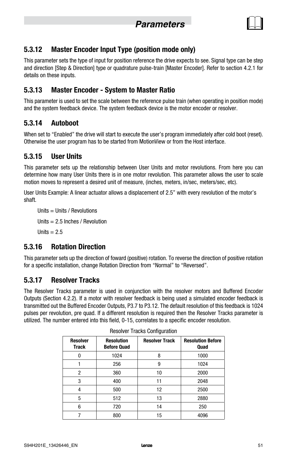 Parameters, 12 master encoder input type (position mode only), 13 master encoder - system to master ratio | 14 autoboot, 15 user units, 16 rotation direction, 17 resolver tracks | Lenze E94P PositionServo with MVOB User Manual | Page 53 / 102