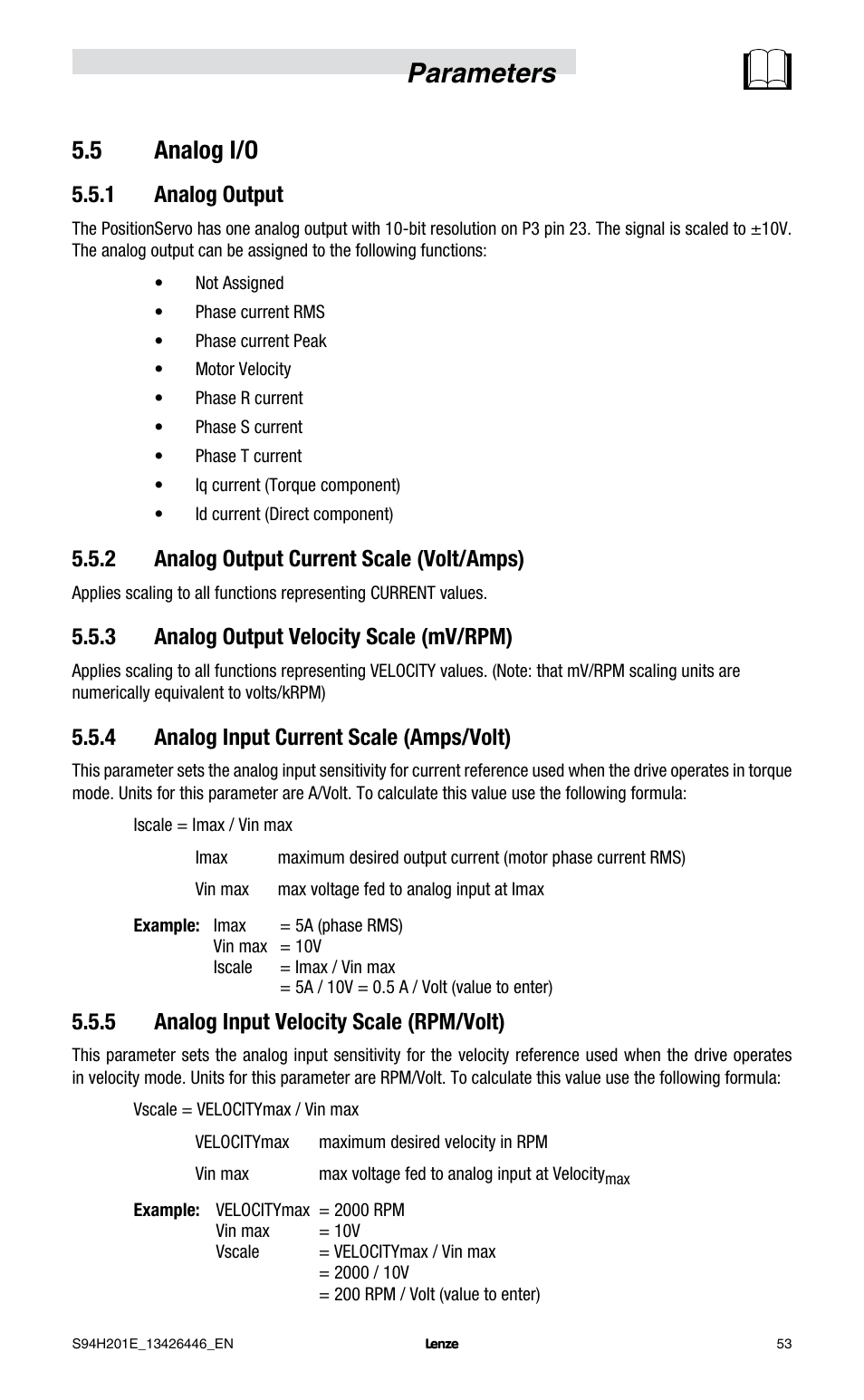 Parameters, 5 analog i/o, 1 analog output | 2 analog output current scale (volt/amps), 3 analog output velocity scale (mv/rpm), 4 analog input current scale (amps/volt), 5 analog input velocity scale (rpm/volt) | Lenze E94P PositionServo with MVOB User Manual | Page 55 / 102