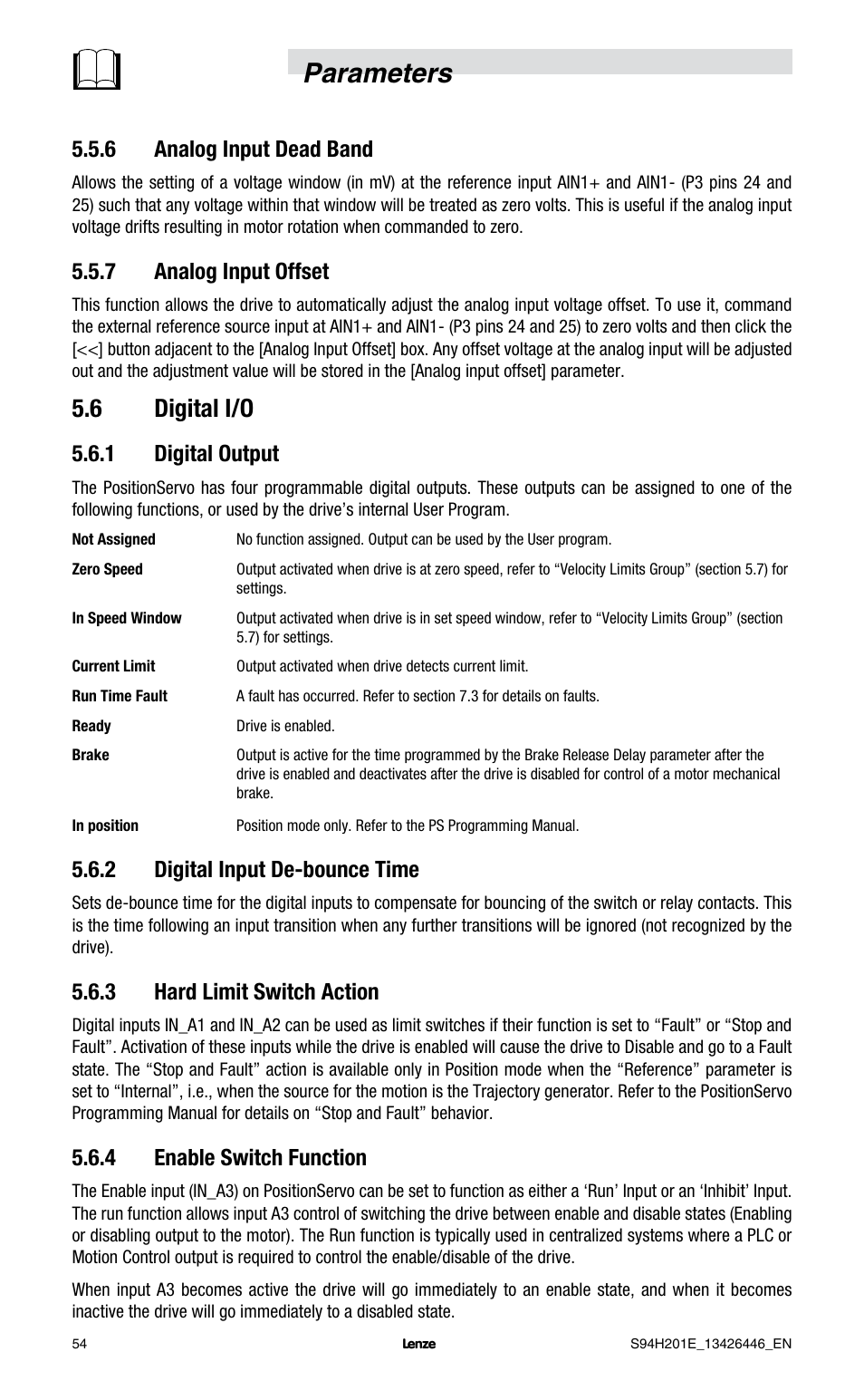 Parameters, 6 digital i/o, 6 analog input dead band | 7 analog input offset, 1 digital output, 2 digital input de-bounce time, 3 hard limit switch action, 4 enable switch function | Lenze E94P PositionServo with MVOB User Manual | Page 56 / 102