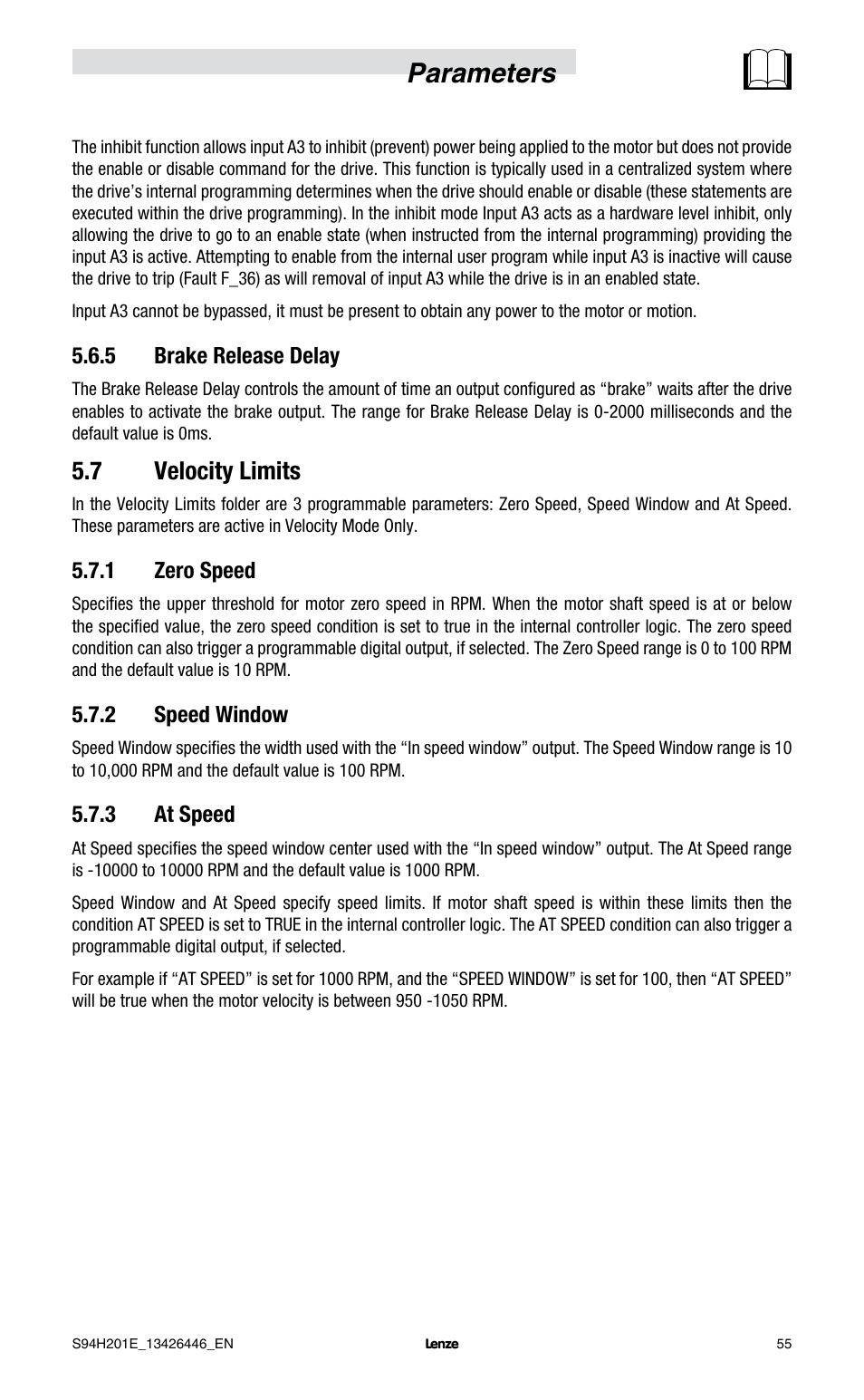 Parameters, 7 velocity limits | Lenze E94P PositionServo with MVOB User Manual | Page 57 / 102