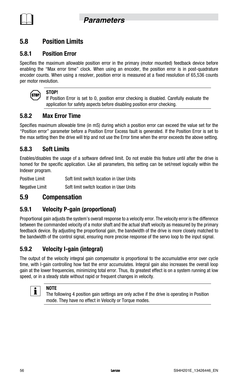 Parameters, 8 position limits, 9 compensation | Lenze E94P PositionServo with MVOB User Manual | Page 58 / 102