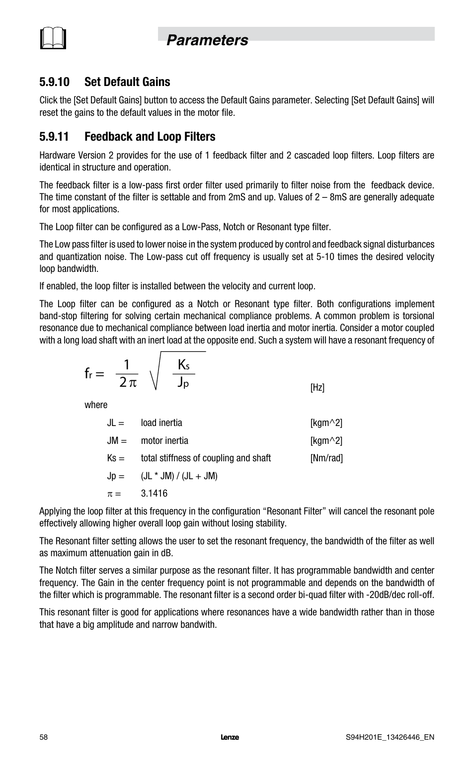 Parameters, Π 2 1 j, 10 set default gains | 11 feedback and loop filters | Lenze E94P PositionServo with MVOB User Manual | Page 60 / 102