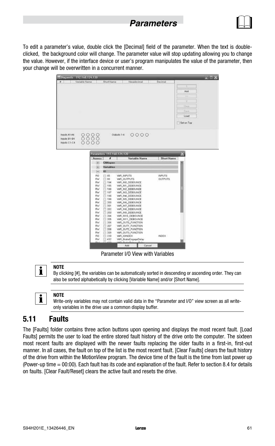 Parameters, 11 faults | Lenze E94P PositionServo with MVOB User Manual | Page 63 / 102