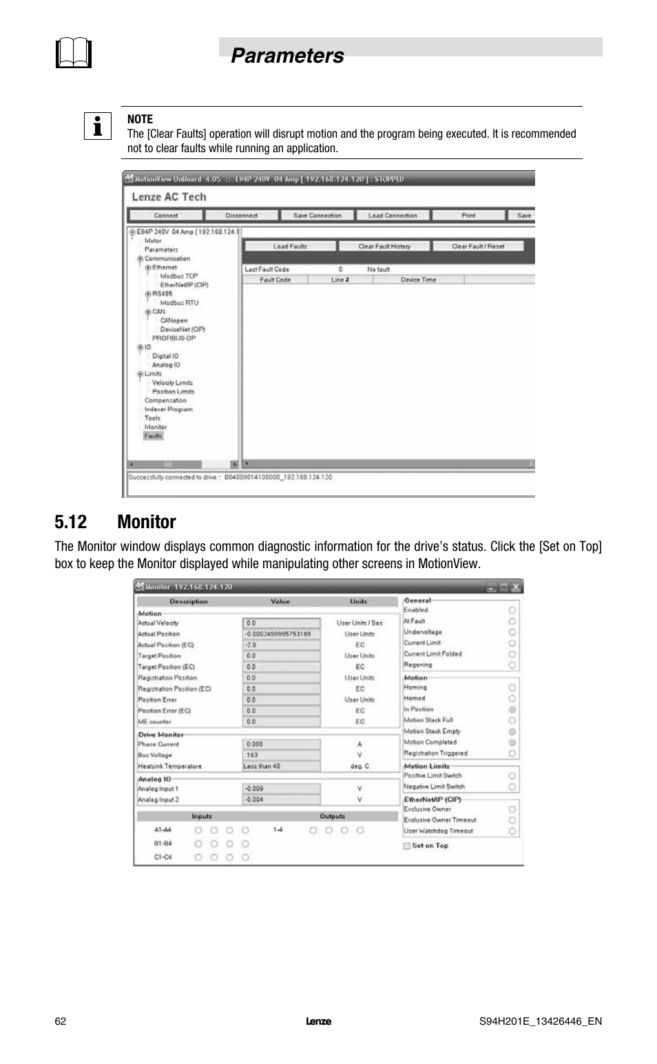 Parameters, 12 monitor | Lenze E94P PositionServo with MVOB User Manual | Page 64 / 102