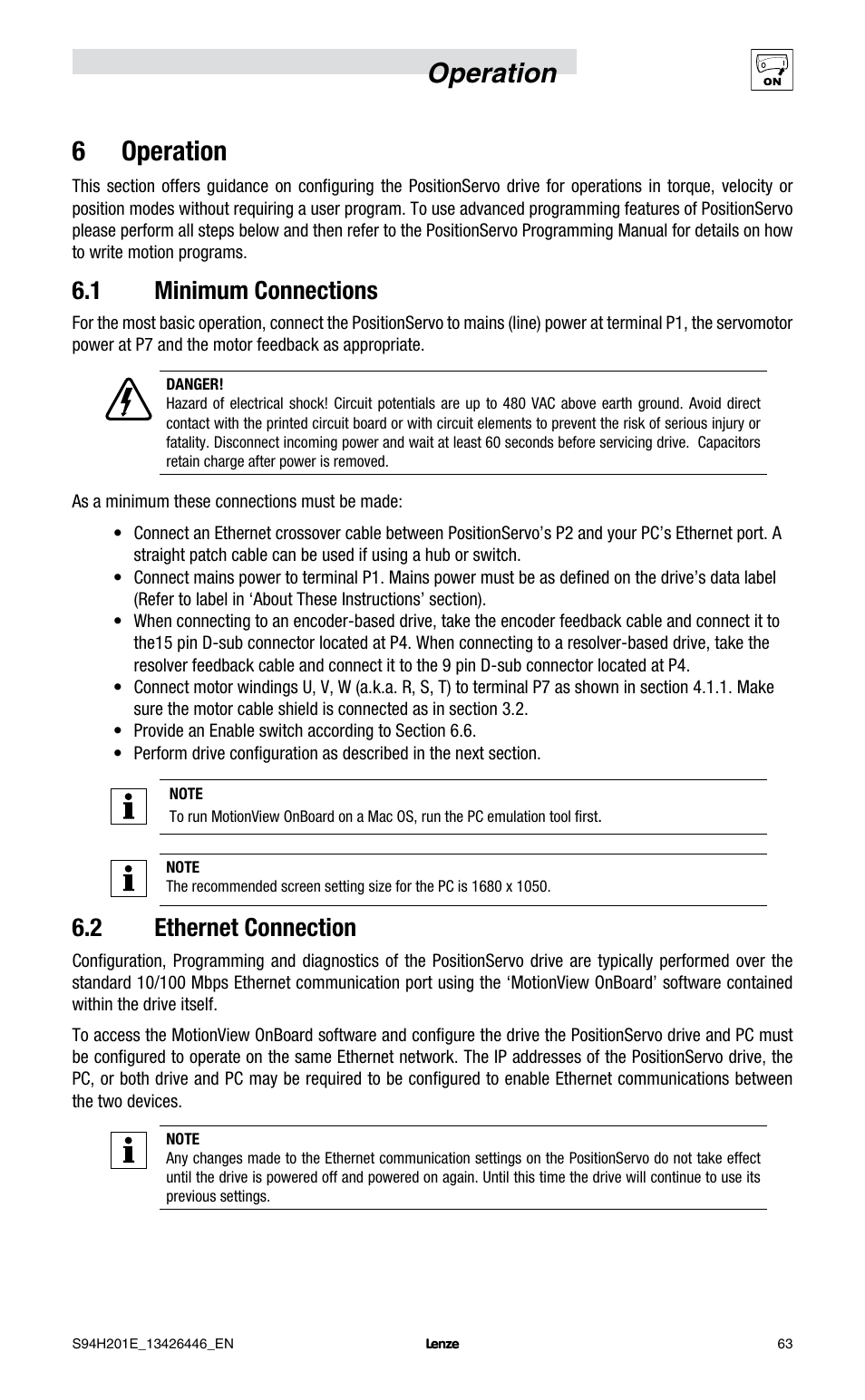 Operation 6 operation, 1 minimum connections, 2 ethernet connection | Lenze E94P PositionServo with MVOB User Manual | Page 65 / 102