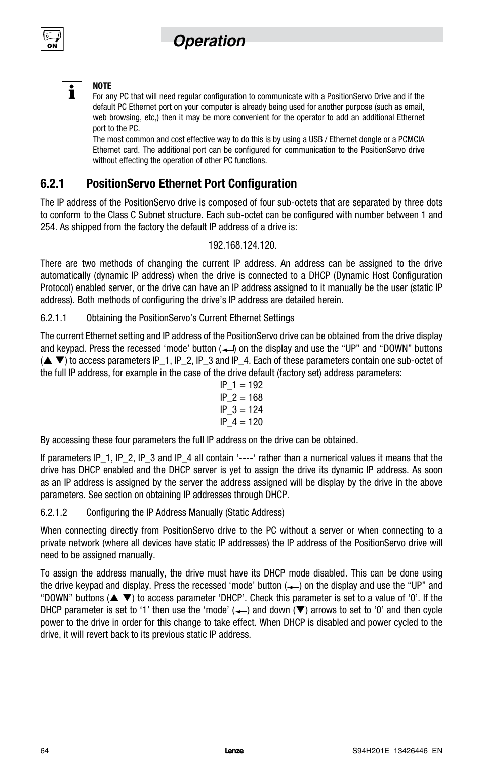 Operation, 1 positionservo ethernet port configuration | Lenze E94P PositionServo with MVOB User Manual | Page 66 / 102