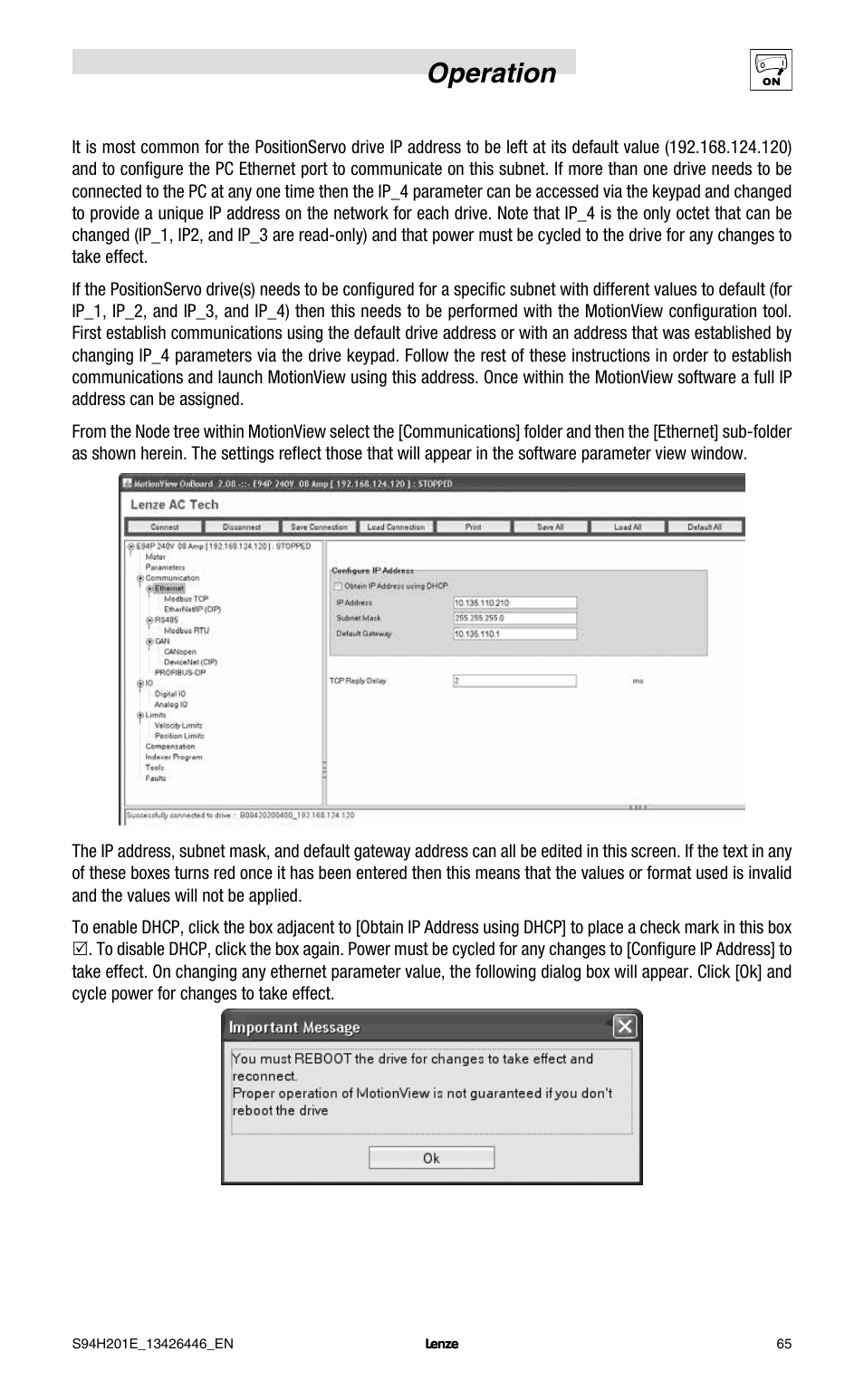 Operation | Lenze E94P PositionServo with MVOB User Manual | Page 67 / 102