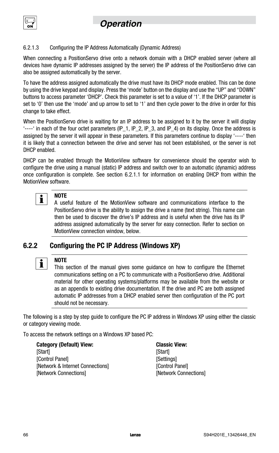 Operation, 2 configuring the pc ip address (windows xp) | Lenze E94P PositionServo with MVOB User Manual | Page 68 / 102