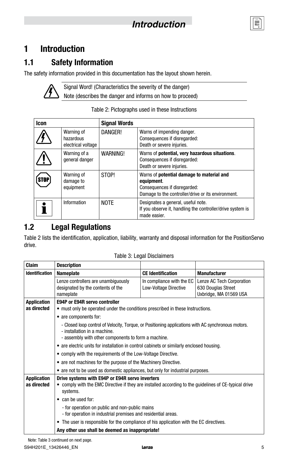 Introduction 1 introduction, 1 safety information, 2 legal regulations | Lenze E94P PositionServo with MVOB User Manual | Page 7 / 102