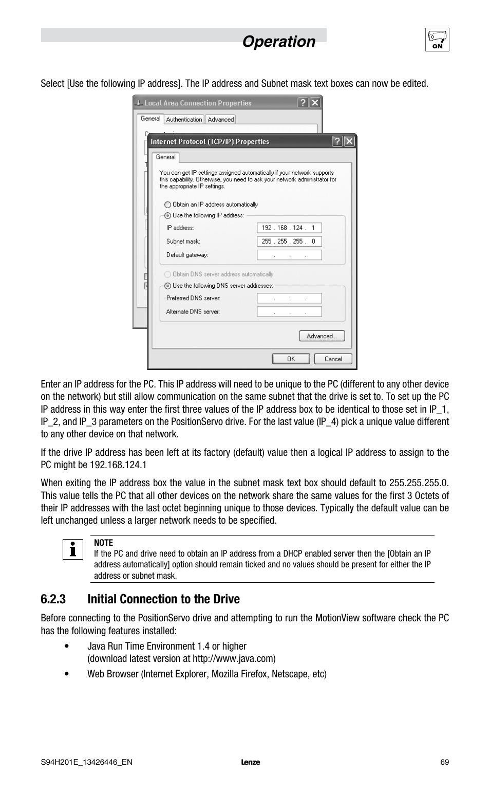 Operation, 3 initial connection to the drive | Lenze E94P PositionServo with MVOB User Manual | Page 71 / 102