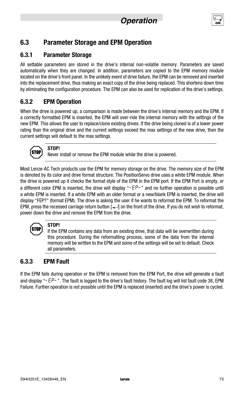 Operation, 3 parameter storage and epm operation, 1 parameter storage | 2 epm operation, 3 epm fault | Lenze E94P PositionServo with MVOB User Manual | Page 75 / 102