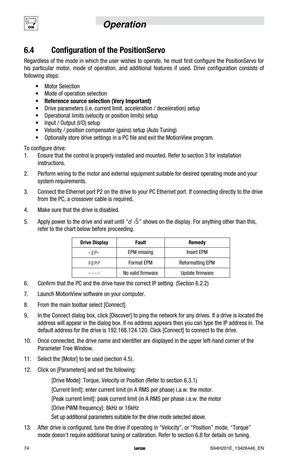 Operation, 4 configuration of the positionservo | Lenze E94P PositionServo with MVOB User Manual | Page 76 / 102