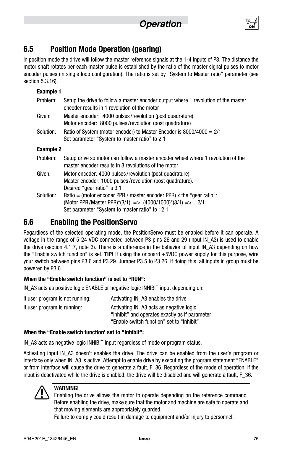 Operation, 5 position mode operation (gearing), 6 enabling the positionservo | Lenze E94P PositionServo with MVOB User Manual | Page 77 / 102
